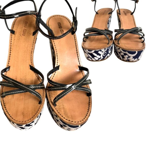 AUTHENTIC MIU‎ MIU EMBROIDERED PLATFORM STRAPPY SANDALS US 9 1/2 EURO 40 - Picture 4 of 8